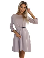 579-1 Klasické trapézové šaty s černým páskem - béžové