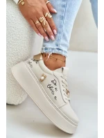 Kožené Dámské Tenisky Na Platformě S Odznaky A Nápisem Vinceza Béžové