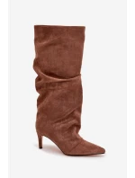 Vlněné Kozačky na Podpatku z Eko Semiš Oteplené Tmavě Béžové Mavella