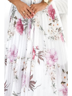 LISA - Plisované dámské midi šaty s výstřihem, volánky a se vzorem jarních květů na bílém pozadí 434-6