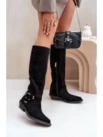 Semišové Kozačky Kovbojky Na Nízkém Podpatku S Dekorací Zazoo 3656 Černé