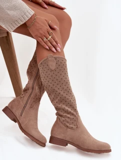 Dámské kozačky na plochém podpatku s prolamovaným vzorem S.Barski – béžové