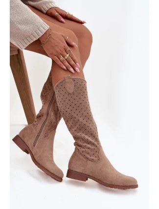 Dámské kozačky na plochém podpatku s prolamovaným vzorem S.Barski – béžové