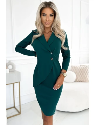 340-6 Šaty s výstřihem, knoflíky a límečkem - BOTTLE GREEN