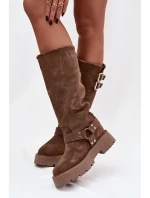 Kožené semišové dámské kozačky s přezkami zateplené Big Star OO274A182 béžové