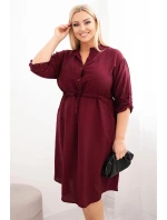 Dámské šaty z viskózy Plus Size s knoflíky a vázáním v pase bordová