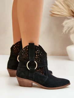 Zamszowe Botki Kowbojki Ażurowe Na Obcasie Zazoo 2994 Czarne