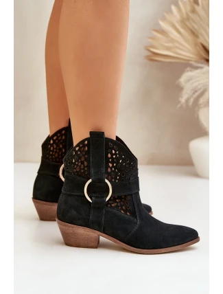 Zamszowe Botki Kowbojki Ażurowe Na Obcasie Zazoo 2994 Czarne