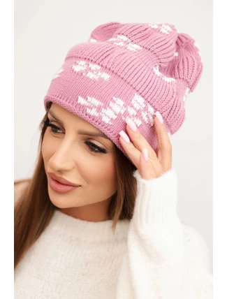 Dámská zimní pletená čepice se vzorem sněhových vloček K463 tmavě růžová
