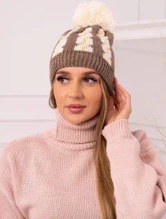 Dámská čepice s bambulí Rozalia K323 ecru+mocca
