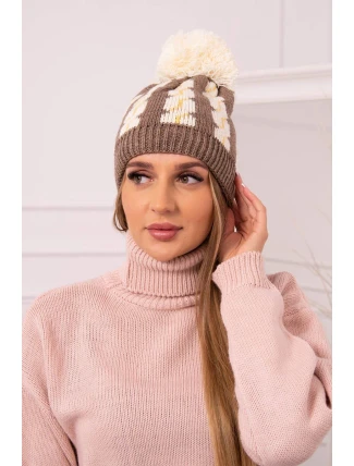 Dámská čepice s bambulí Rozalia K323 ecru+mocca Dámská čepice s bambulí Rozalia K323 ecru+mocca
