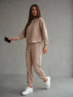Béžový dámský teplákový komplet - mikina se stojáčkem a kalhoty (82162)