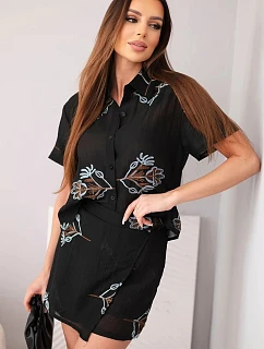 Dámský komplet košile s krátkým rukávem a sukně-šortky vyšívané černá