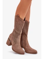 Dámské perforované kozačky do poloviny lýtka ve stylu kovbojek S.Barski – hnědé, eko kůže