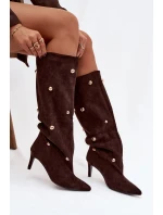 Vklouznuté dámské kozačky na jehlovém podpatku se zlatými ozdobami hnědé Thaliane