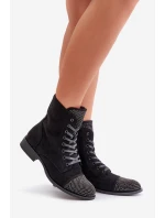 Ozdobené botky na plochém podpatku eko semišové zateplené černé Ellieo