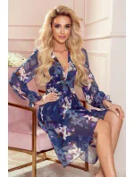 FRANCES - Tmavě modré květované dámské šifonové šaty s dekoltem 388-1