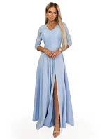 309-15 AMBER elegantní dlouhé krajkové šaty s výstřihem - modré