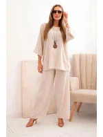 Dámský komplet z viskózy, blůza s náhrdelníkem a kalhoty béžový