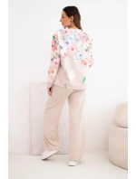 Dámský viskózový komplet s máslovou úpravou v květinovém vzoru se širokými nohavicemi béžový