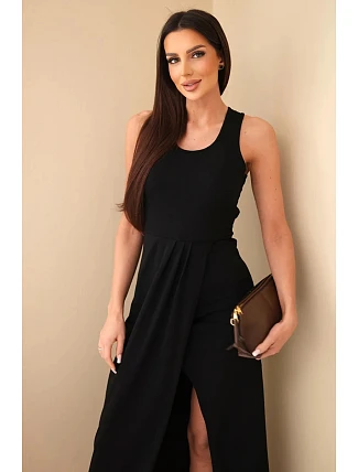 Dámské bavlněné midi šaty bez rukávů s řasením černá