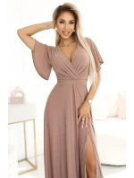 581-4 JENNIFER třpytivé dlouhé šaty s rukávy a výstřihem - MOCHA MOUSSE WITH BROKER 581-4 JENNIFER třpytivé dlouhé šaty s rukávy a výstřihem - MOCHA MOUSSE WITH BROKER