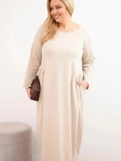 Dámská sukýnka Plus Size bavlněná s dlouhým rukávem a nařasením v pase béžová