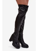 Dámské kozačky nad koleno na podpatku eko kůže černé Tahlina