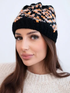 Dámská zimní čepice s barevnými vzory a silným nápletem K353 černá+oranžová