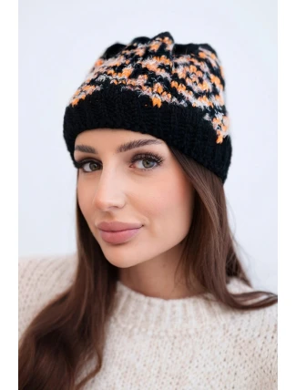 Dámská zimní čepice s barevnými vzory a silným nápletem K353 černá+oranžová