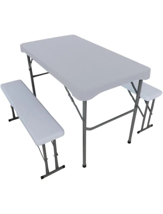PIKNIKOVÝ A CATERINGOVÝ SET STŮL A 2 LAVICE SVĚTLE ŠEDÁ