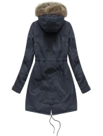 Tmavě modrá dámská bunda typu parka s mechovitou kožešinovou podšívkou a s kapucí (7602BIG)