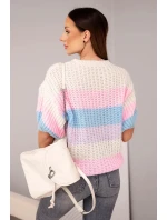 Dámský svetr s krátkým rukávem v barevných pruzích a otvoreným vzorem béžový
