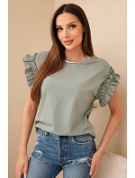 Dámská bavlněná halenka s řaseným rukávem khaki