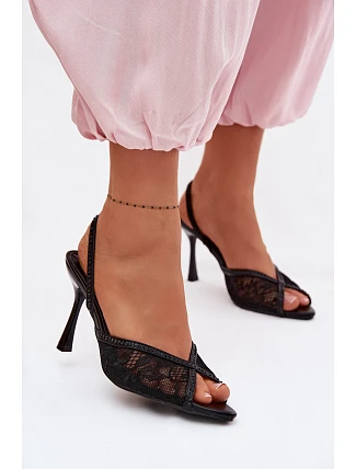 Dámské sandály na podpatku s krajkou a zdobením Černé Melivelle