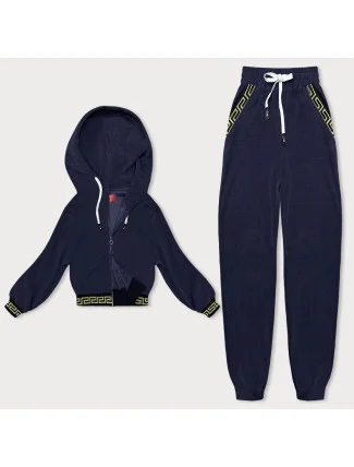 Tmavě modrý teplákový žebrovaný komplet s ozdobnými stahovacími lemy (AMG-345A) Tmavě modrý teplákový žebrovaný komplet s ozdobnými stahovacími lemy (AMG-345A)