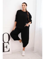 Dámský teplákový komplet z silnějšího materiálu se širokými nohavicemi černý