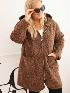 Dámský kabát Plus Size z viskózy na zip s kapucí hnědý