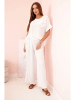 Dámský komplet z viskózy s ozdobným květem a širokými kalhotami - fuchsie bílý