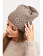 Dámská zimní čepice z vlny s ozdobným pletením a kamínky K449 mocca