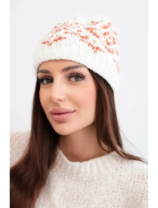 Dámská zimní čepice s barevnými vzory a silným nápletem K353 bílá+oranžová