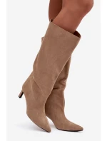 Dámské kozačky z eko semiše na jehlovém podpatku Phelin – béžové