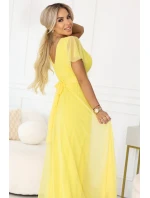 562-8 NASTIA Dlouhé šaty s výstřihem, kosticemi a krátkými rukávy - lemon limoncello