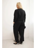Dámský bavlněný overal Plus Size s vázáním v pase a 3/4 rukávem černý