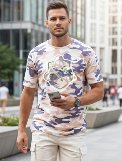 Pánské klasické tričko v kamuflážovém vzoru s potiskem, béžové, FashionStreet NX2003R