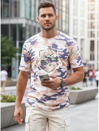 Pánské klasické tričko v kamuflážovém vzoru s potiskem, béžové, FashionStreet NX2003R Pánské klasické tričko v kamuflážovém vzoru s potiskem, béžové, FashionStreet NX2003R