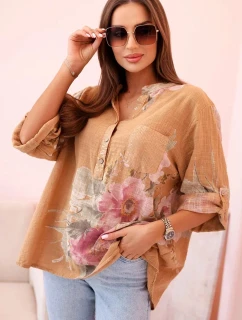 Dámská blůza z bavlny s květinovým vzorem a knoflíky - camelová