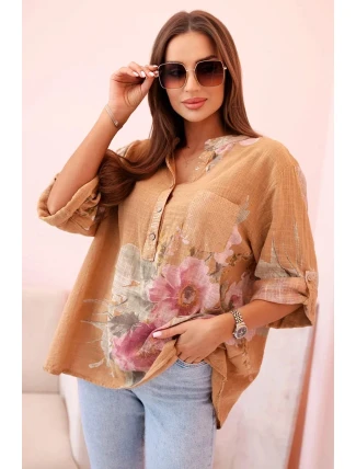 Dámská blůza z bavlny s květinovým vzorem a knoflíky - camelová