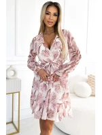 514-1 Šifonové šaty s výstřihem, volánem a páskem - BEACH FLOWERS