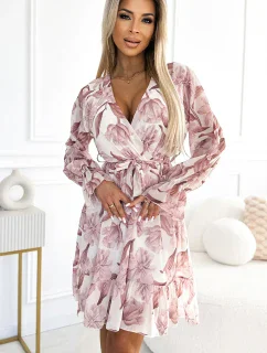 514-1 Šifonové šaty s výstřihem, volánem a páskem - BEACH FLOWERS